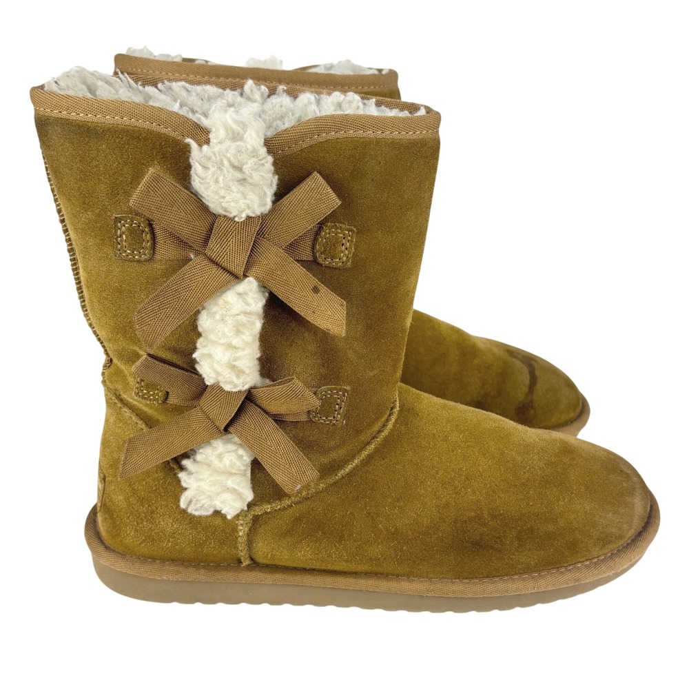 Koolaburra by UGG Victoria Short Boots Chestnut Suede Faux Fur Bows Womens 9